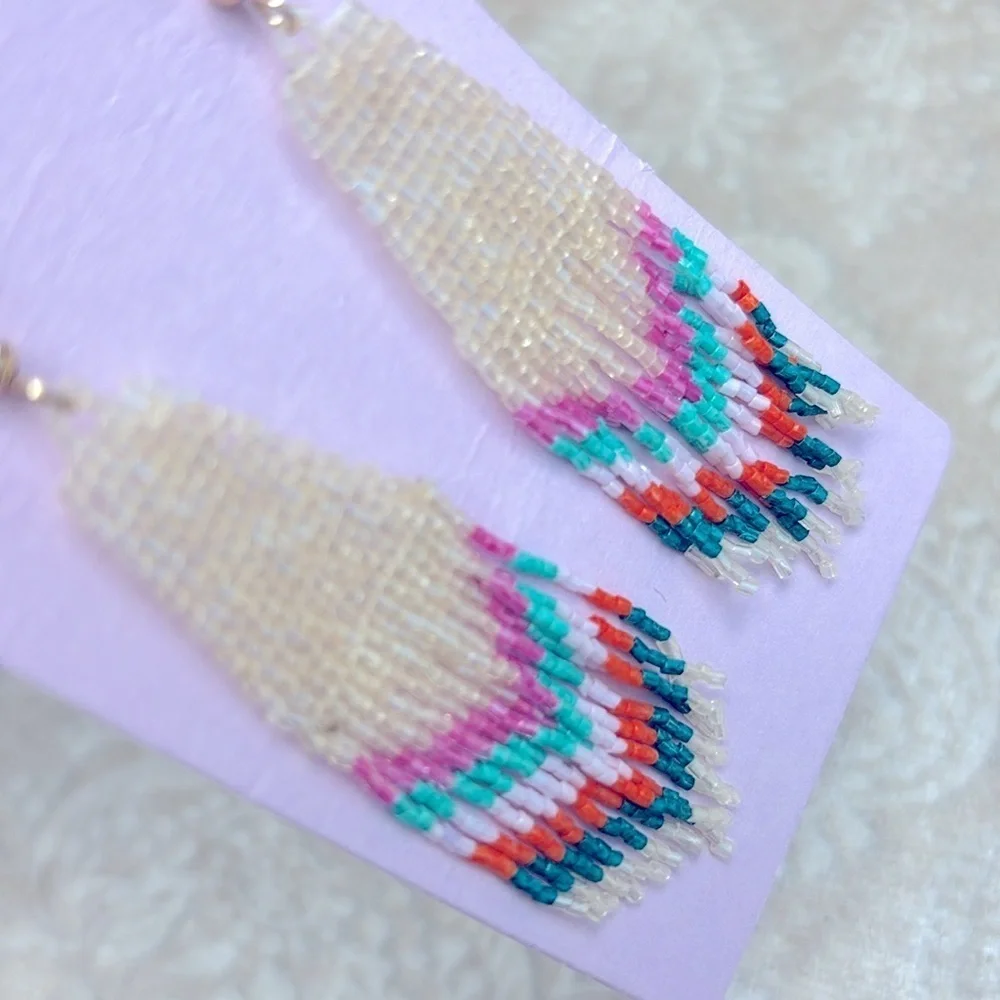 Brand New I Am Colorful Lightweight Glass Seed Beaded Drop Earrings Tribal Aztec